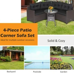 Tangkula 4 Piece Outdoor Sofa Set, Patio Rattan Corner Chair Set W/Round Side Table