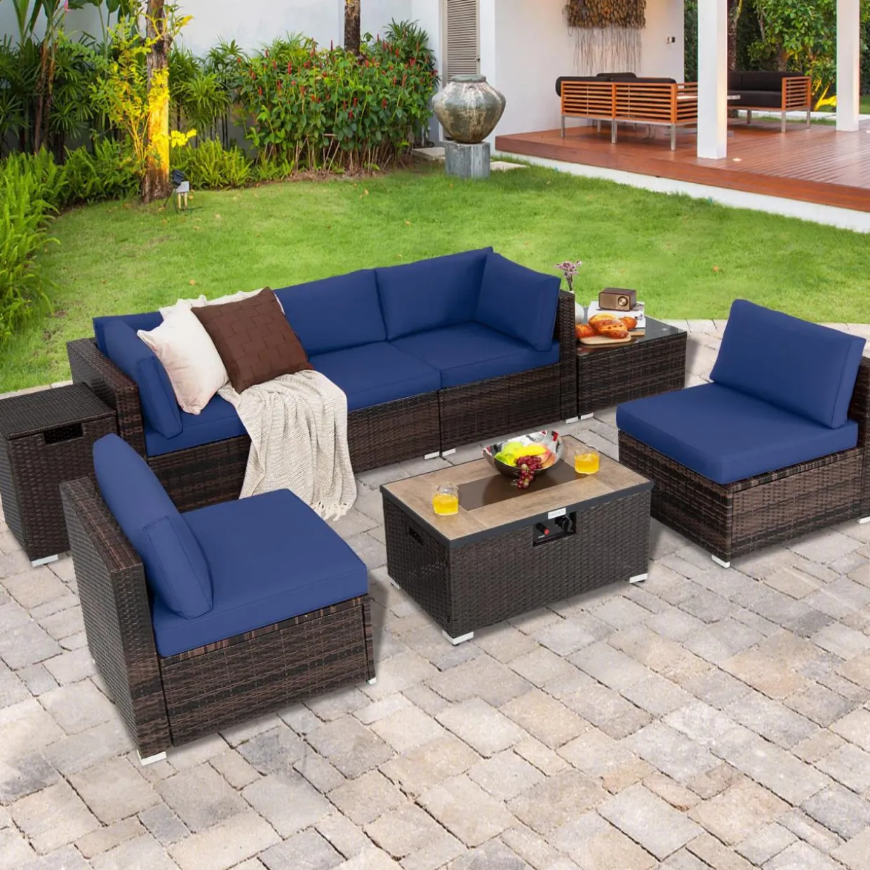 Tangkula 8 Piece Outdoor Wicker Sofa Set, Patio Rattan Conversation Set