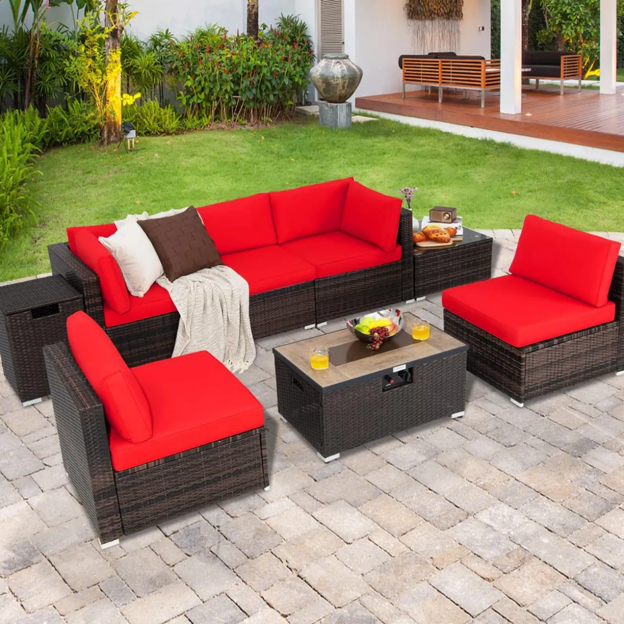 Tangkula 8 Piece Outdoor Wicker Sofa Set, Patio Rattan Conversation Set