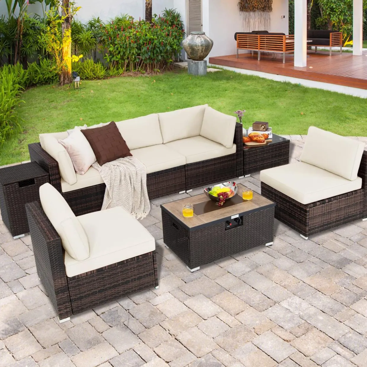 Tangkula 8 Piece Outdoor Wicker Sofa Set, Patio Rattan Conversation Set