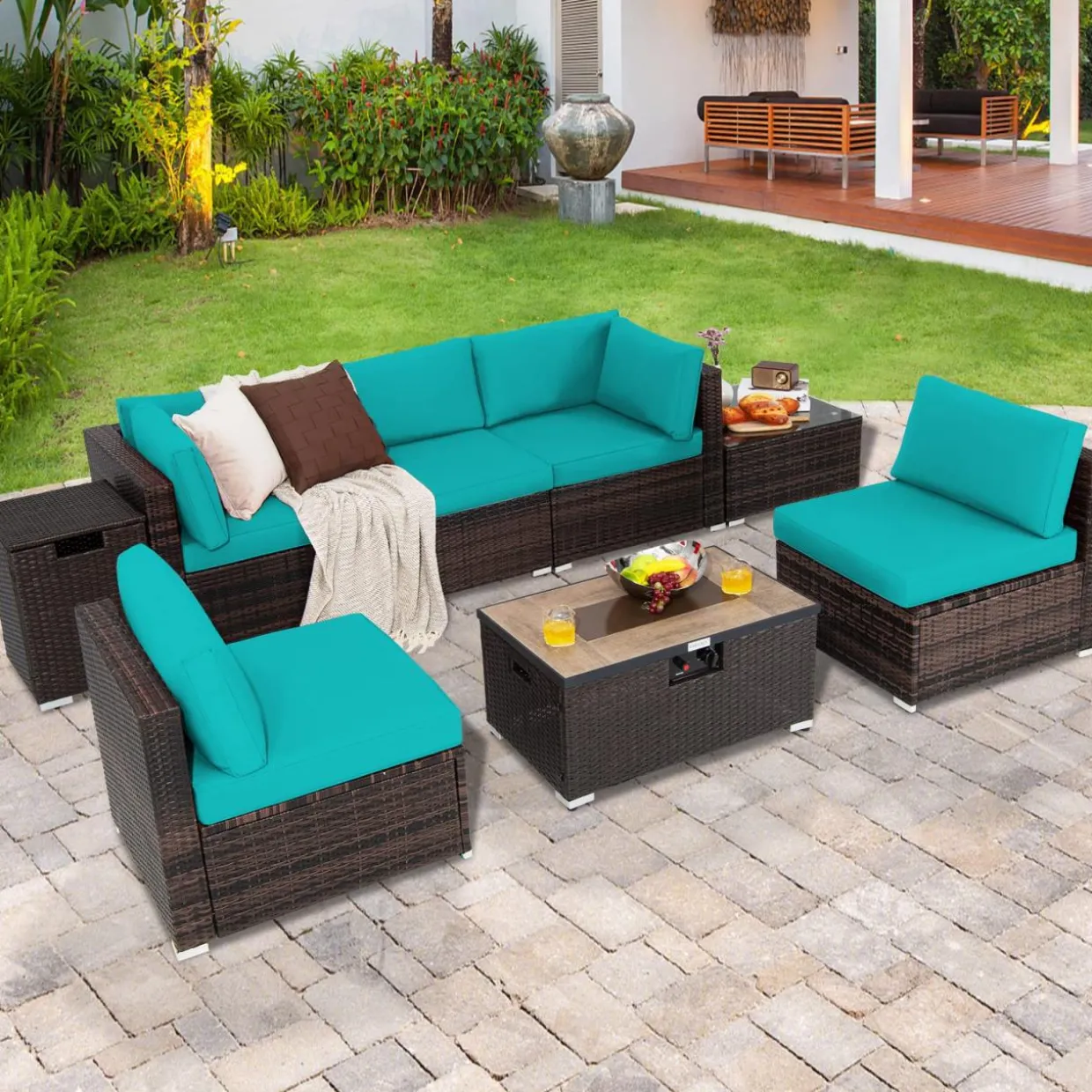 Tangkula 8 Piece Outdoor Wicker Sofa Set, Patio Rattan Conversation Set