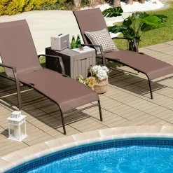 Tangkula 2 Piece Patio Adjustable Folding Stackable Chaise Lounge W/ 5-Position Backrest (Brown)