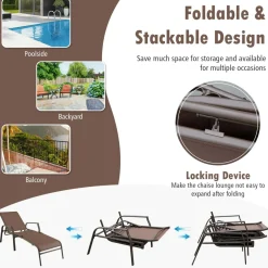 Tangkula 2 Piece Patio Adjustable Folding Stackable Chaise Lounge W/ 5-Position Backrest (Brown)
