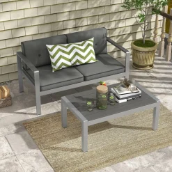 Tangkula 2 Piece Patio Aluminum Sofa Set, Contemporary 2-Person Sofa & Coffee Table