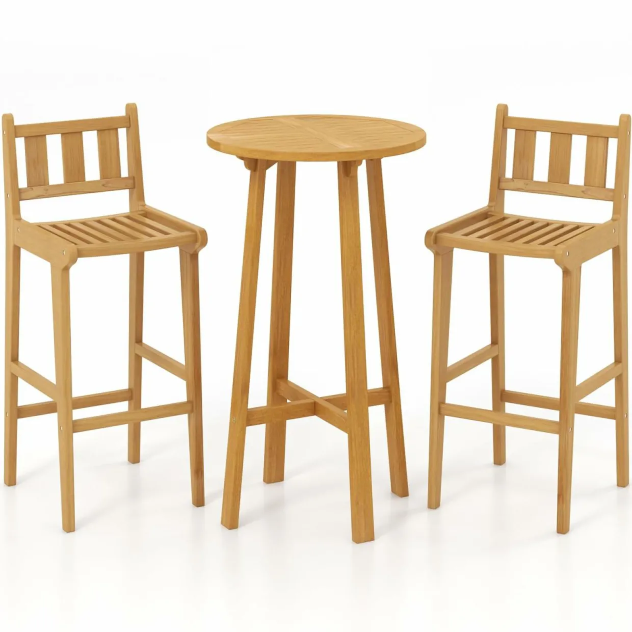 Tangkula 3 Piece Patio Bar Set, Teak Wood Bistro Furniture with Footrest