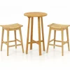 Tangkula 3 Piece Patio Bar Set, Teak Wood Bistro Furniture with Footrest, Round Cocktail Table with 2 Rattan Saddle Stools