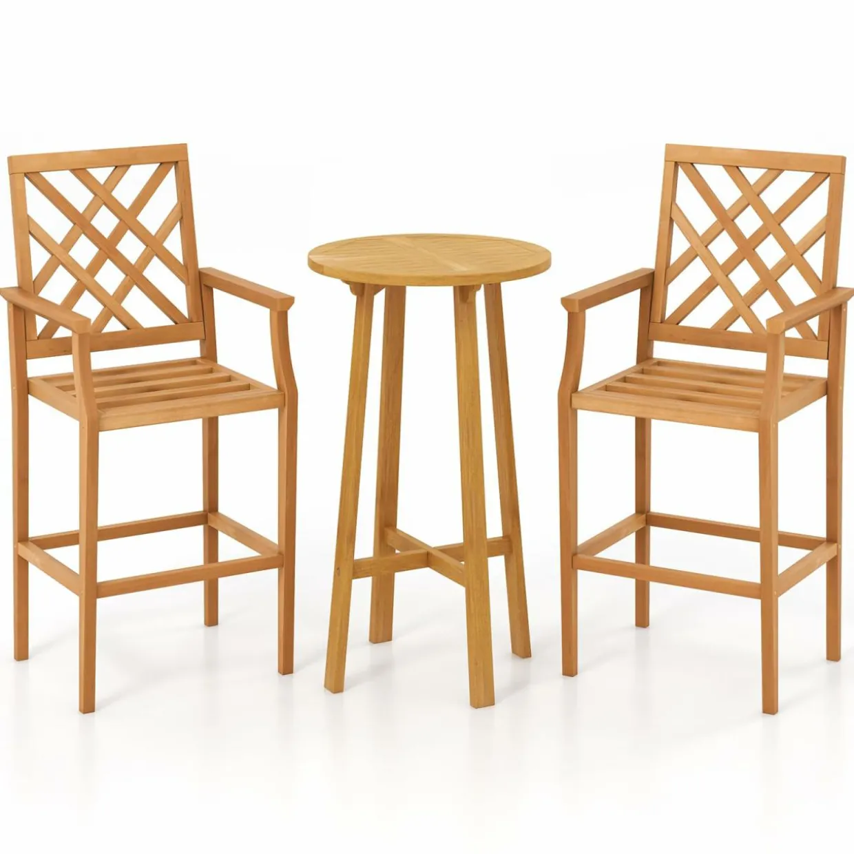 Tangkula 3 Piece Patio Bar Set, Teak Wood Bistro Furniture with Backrest, Armrests & Footrest