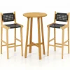 Tangkula 3 Piece Patio Bar Set, Teak Wood Bistro Furniture with Footrest, Round Cocktail Table with 2 Armless Rattan Bar Stools