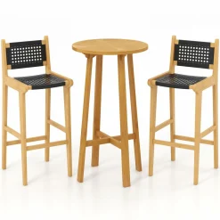 Tangkula 3 Piece Patio Bar Set, Teak Wood Bistro Furniture with Footrest, Round Cocktail Table with 2 Armless Rattan Bar Stools