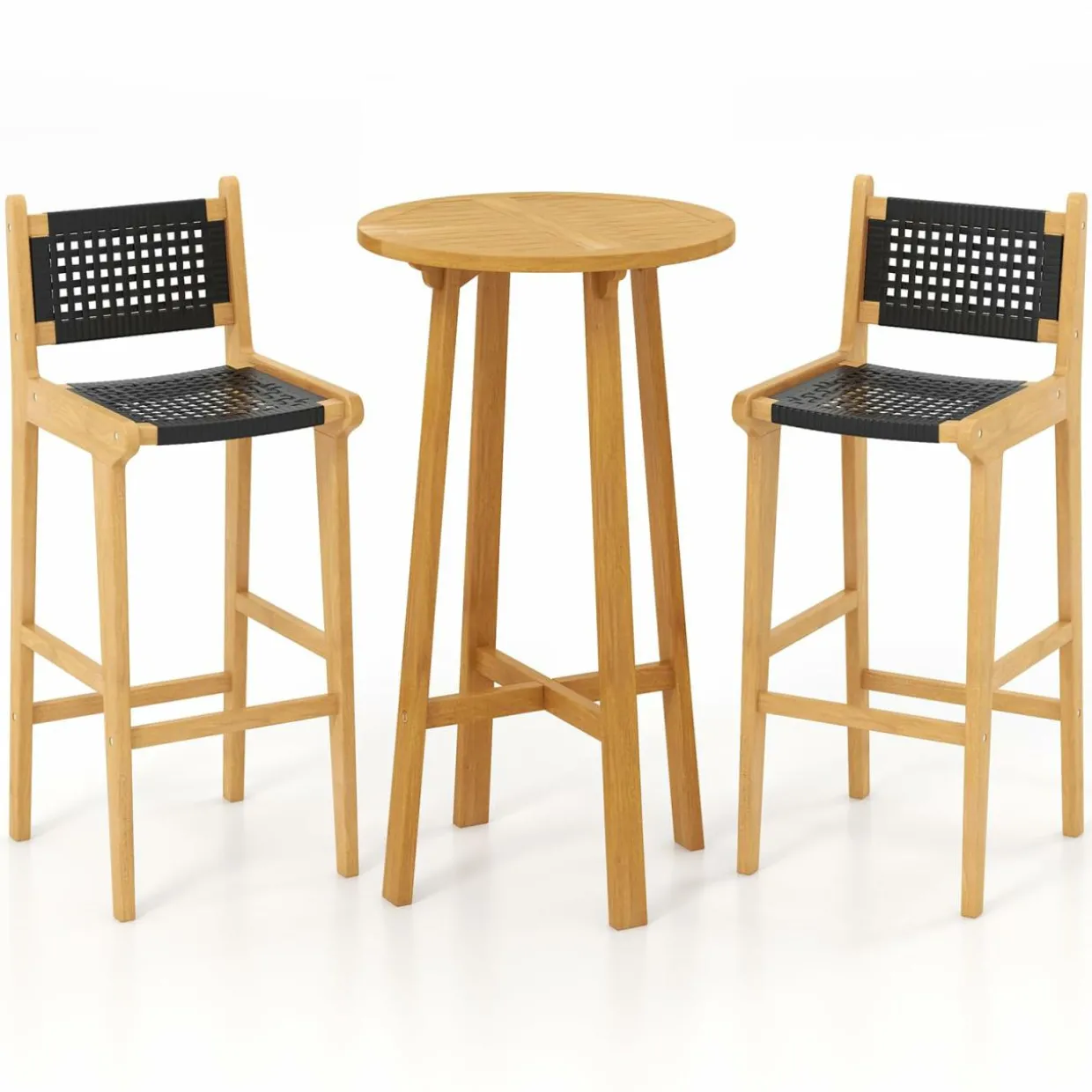 Tangkula 3 Piece Patio Bar Set, Teak Wood Bistro Furniture with Footrest, Round Cocktail Table with 2 Armless Rattan Bar Stools