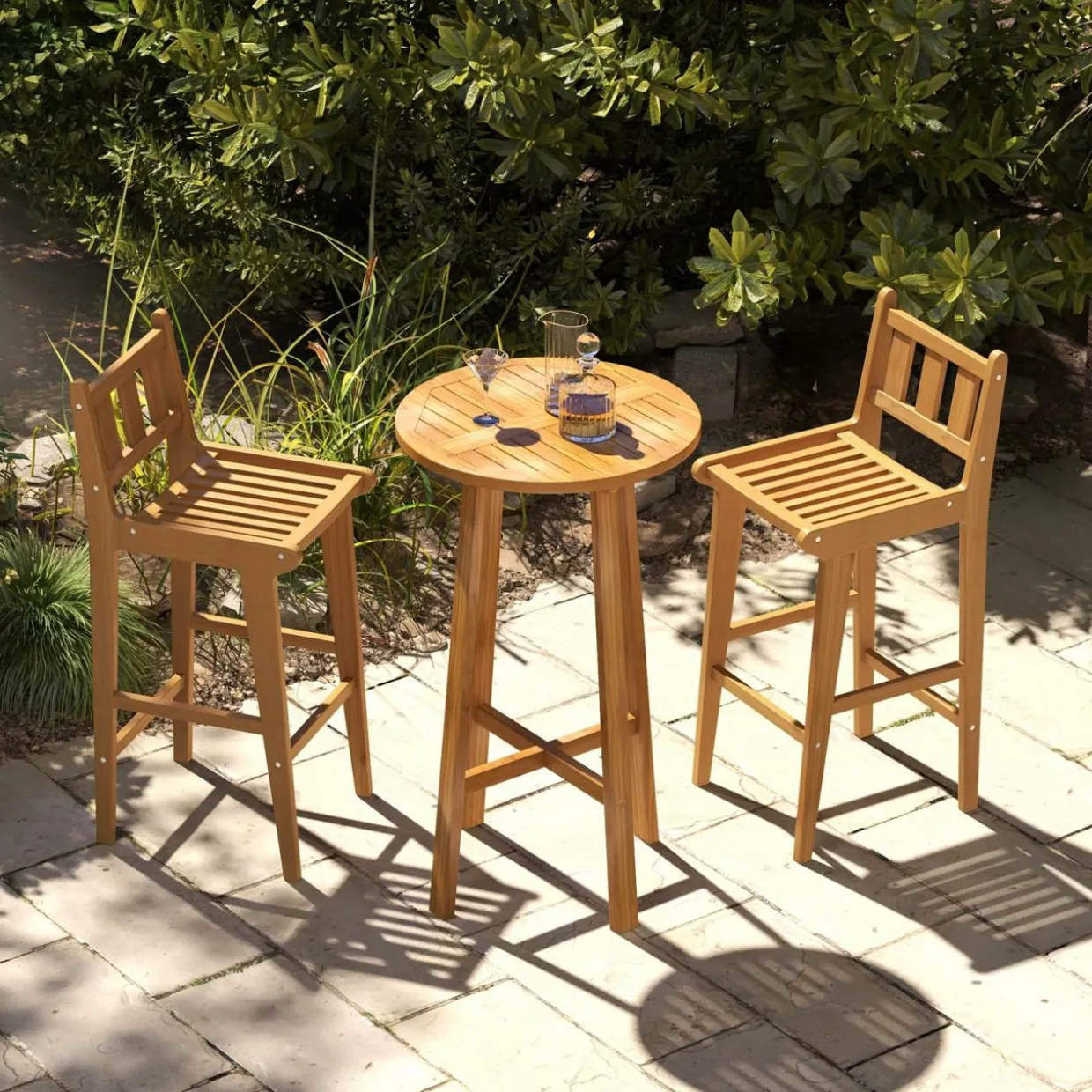 Tangkula 3 Piece Patio Bar Set, Teak Wood Bistro Furniture with Footrest