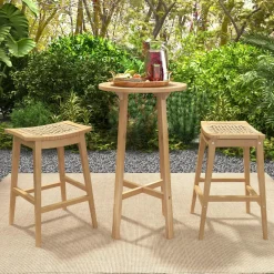 Tangkula 3 Piece Patio Bar Set, Teak Wood Bistro Furniture with Footrest, Round Cocktail Table with 2 Rattan Saddle Stools