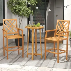 Tangkula 3 Piece Patio Bar Set, Teak Wood Bistro Furniture with Backrest, Armrests & Footrest