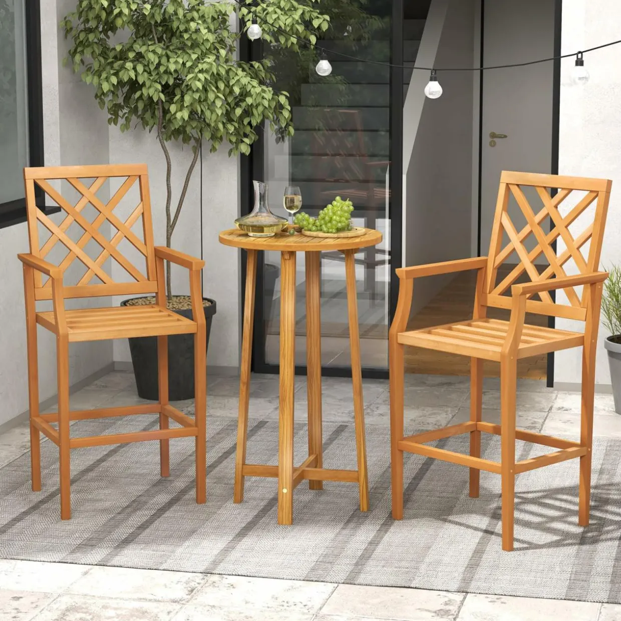 Tangkula 3 Piece Patio Bar Set, Teak Wood Bistro Furniture with Backrest, Armrests & Footrest