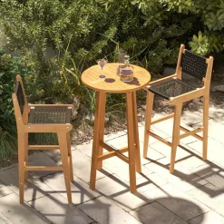 Tangkula 3 Piece Patio Bar Set, Teak Wood Bistro Furniture with Footrest, Round Cocktail Table with 2 Armless Rattan Bar Stools