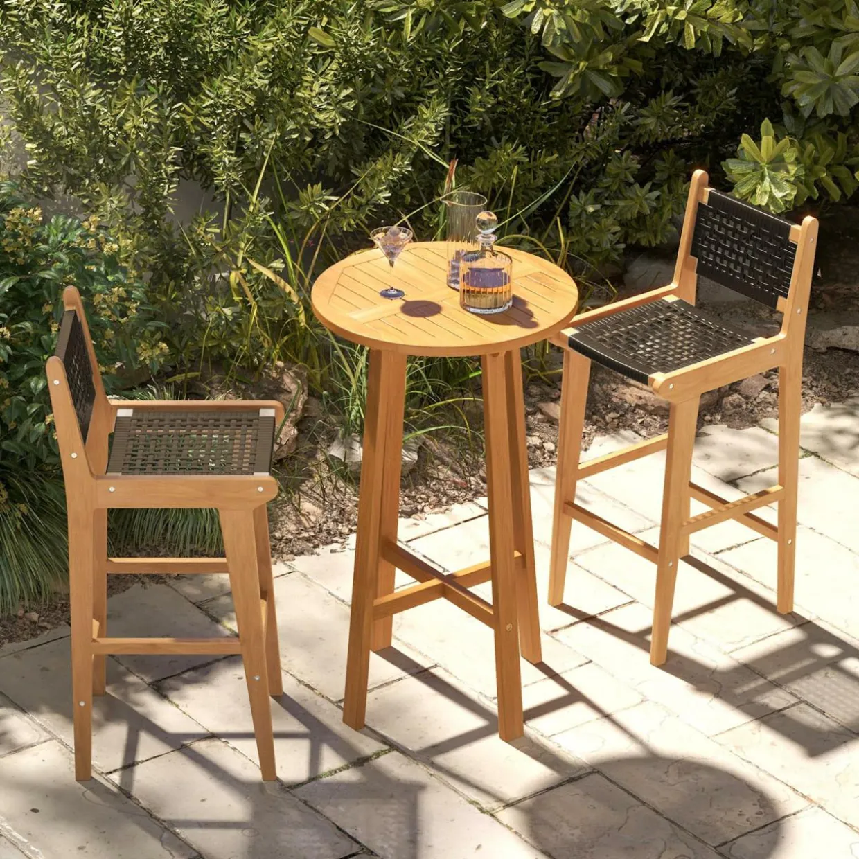 Tangkula 3 Piece Patio Bar Set, Teak Wood Bistro Furniture with Footrest, Round Cocktail Table with 2 Armless Rattan Bar Stools