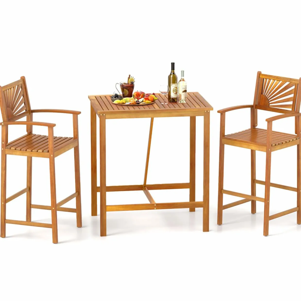 Tangkula 3 Piece Patio Bar Table & Chairs, Outdoor Acacia Wood Bar Set w/Slatted Seat & Tabletop