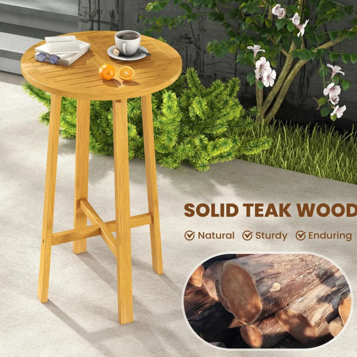 Tangkula 3 Piece Patio Bar Set, Teak Wood Bistro Furniture with Backrest, Armrests & Footrest
