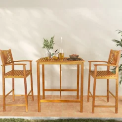 Tangkula 3 Piece Patio Bar Table & Chairs, Outdoor Acacia Wood Bar Set w/Slatted Seat & Tabletop