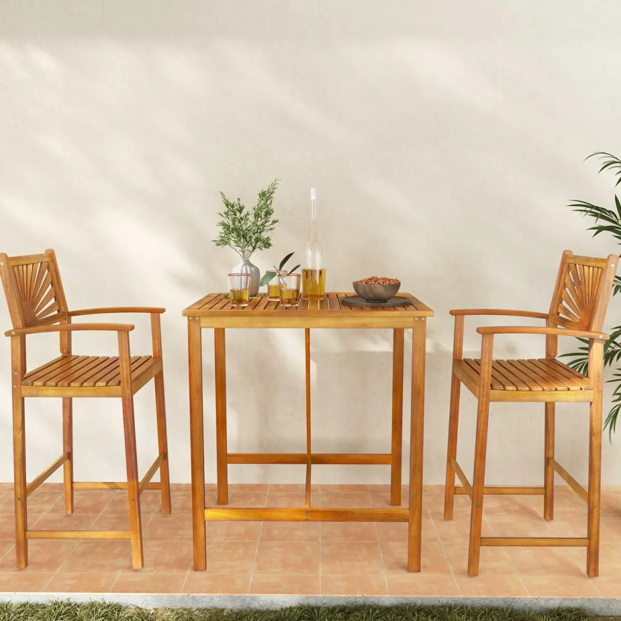 Tangkula 3 Piece Patio Bar Table & Chairs, Outdoor Acacia Wood Bar Set w/Slatted Seat & Tabletop