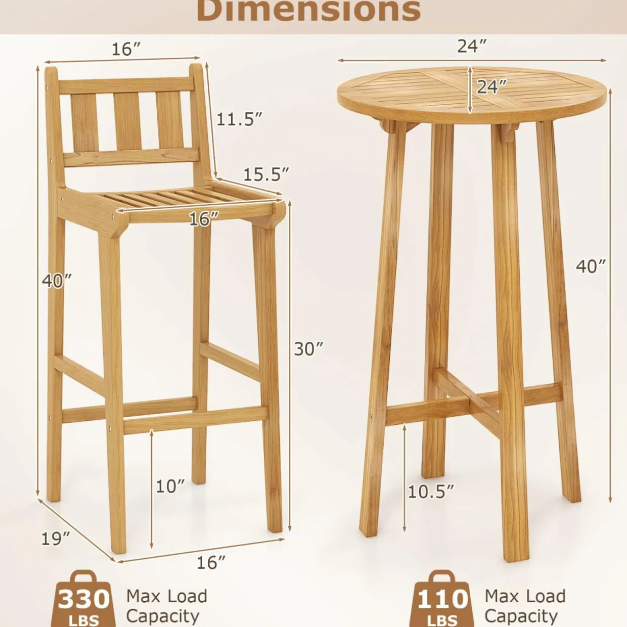 Tangkula 3 Piece Patio Bar Set, Teak Wood Bistro Furniture with Footrest