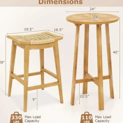 Tangkula 3 Piece Patio Bar Set, Teak Wood Bistro Furniture with Footrest, Round Cocktail Table with 2 Rattan Saddle Stools