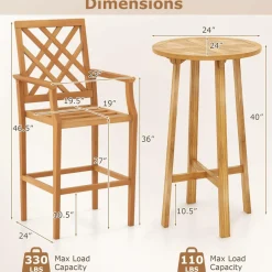 Tangkula 3 Piece Patio Bar Set, Teak Wood Bistro Furniture with Backrest, Armrests & Footrest
