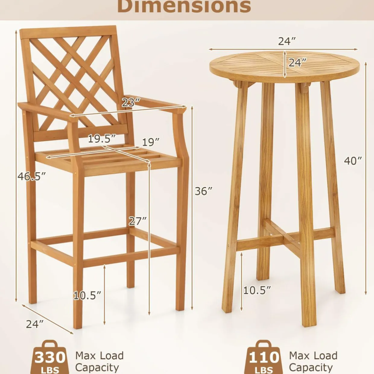 Tangkula 3 Piece Patio Bar Set, Teak Wood Bistro Furniture with Backrest, Armrests & Footrest