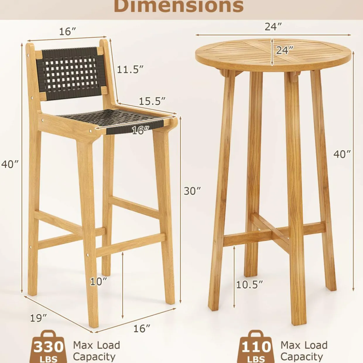 Tangkula 3 Piece Patio Bar Set, Teak Wood Bistro Furniture with Footrest, Round Cocktail Table with 2 Armless Rattan Bar Stools