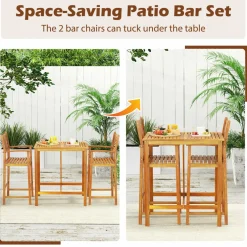 Tangkula 3 Piece Patio Bar Table & Chairs, Outdoor Acacia Wood Bar Set w/Slatted Seat & Tabletop