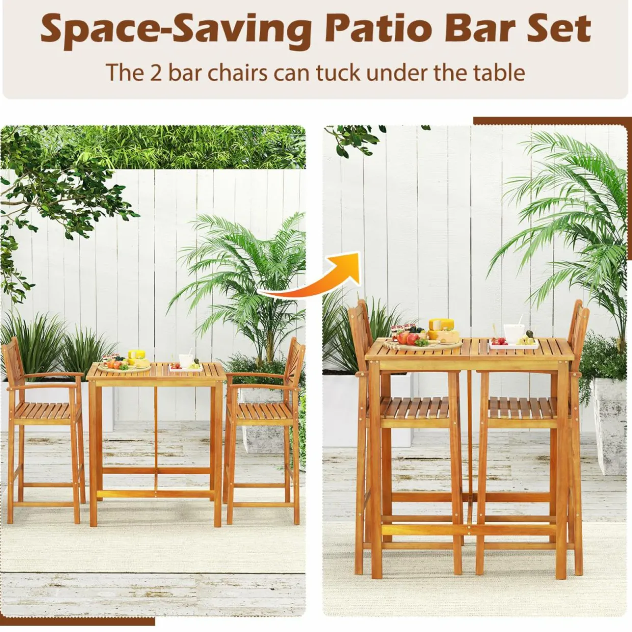 Tangkula 3 Piece Patio Bar Table & Chairs, Outdoor Acacia Wood Bar Set w/Slatted Seat & Tabletop