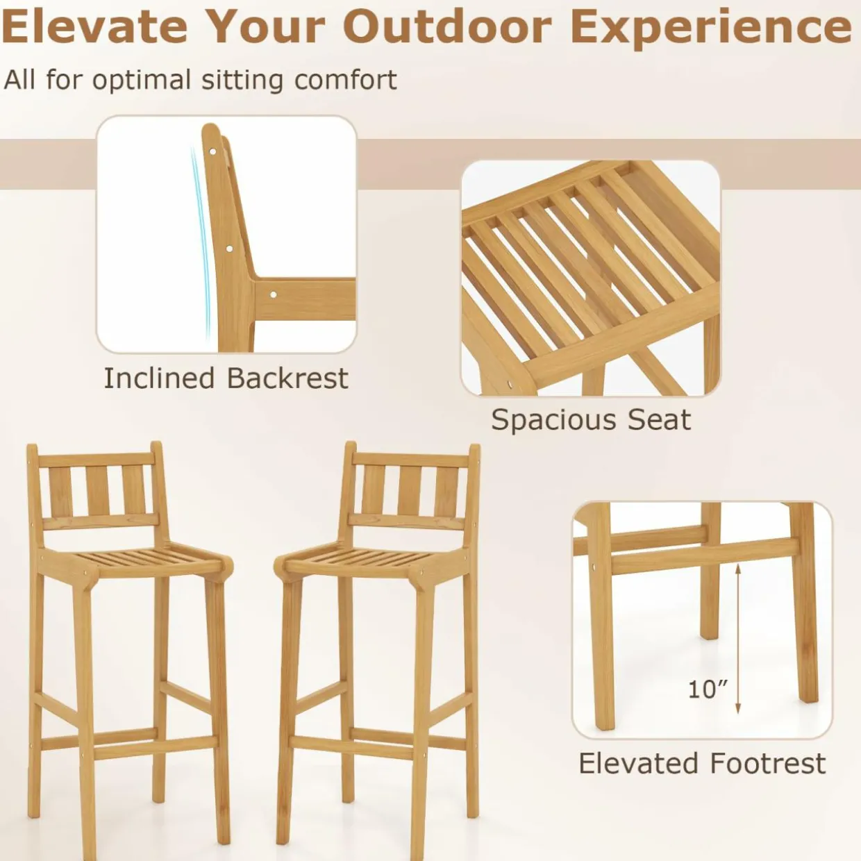 Tangkula 3 Piece Patio Bar Set, Teak Wood Bistro Furniture with Footrest