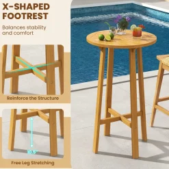 Tangkula 3 Piece Patio Bar Set, Teak Wood Bistro Furniture with Footrest, Round Cocktail Table with 2 Rattan Saddle Stools
