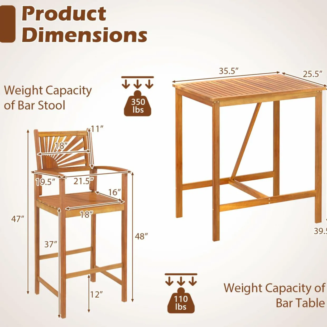 Tangkula 3 Piece Patio Bar Table & Chairs, Outdoor Acacia Wood Bar Set w/Slatted Seat & Tabletop