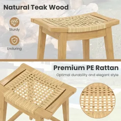 Tangkula 3 Piece Patio Bar Set, Teak Wood Bistro Furniture with Footrest, Round Cocktail Table with 2 Rattan Saddle Stools