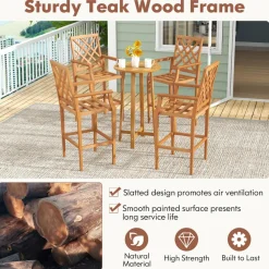Tangkula 3 Piece Patio Bar Set, Teak Wood Bistro Furniture with Backrest, Armrests & Footrest