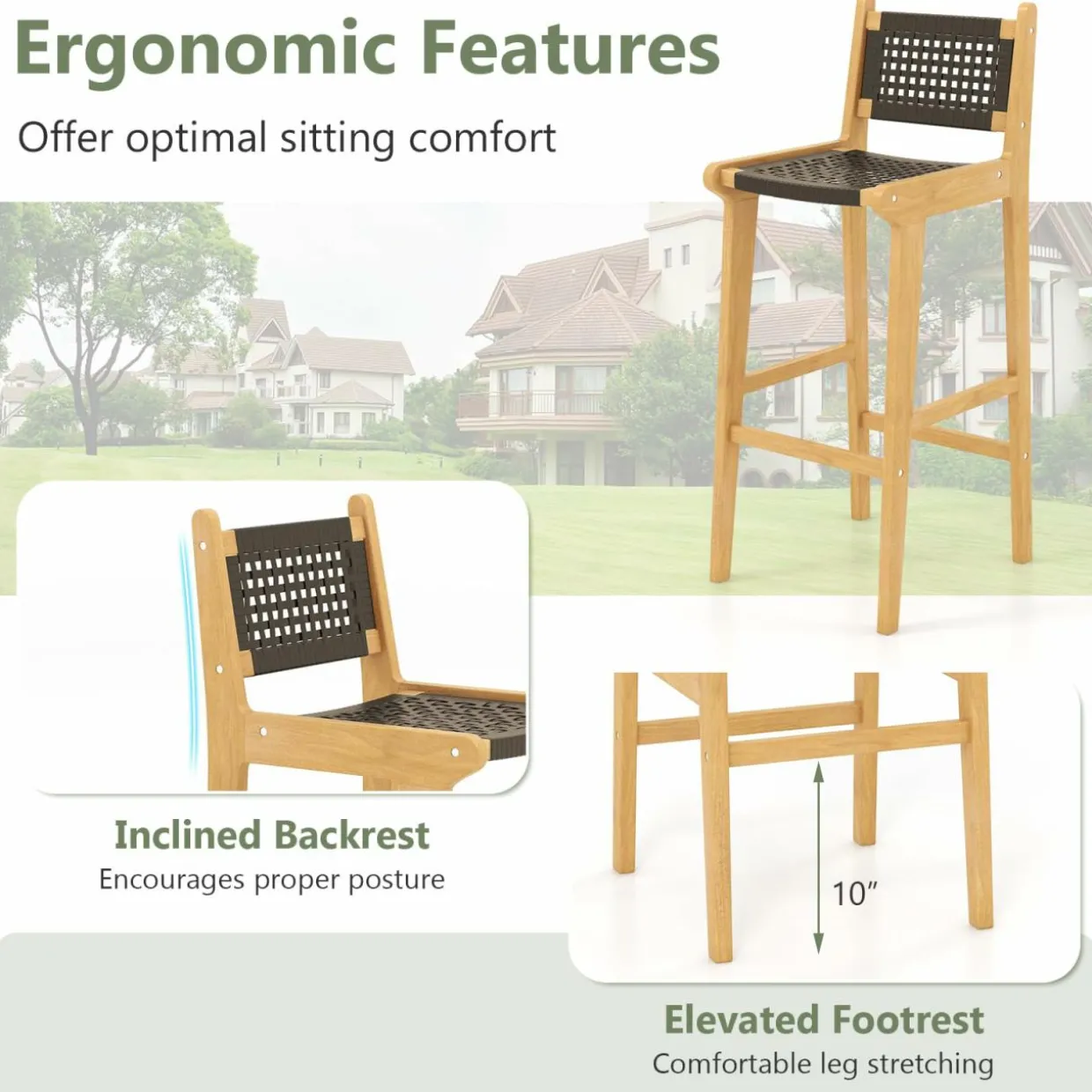 Tangkula 3 Piece Patio Bar Set, Teak Wood Bistro Furniture with Footrest, Round Cocktail Table with 2 Armless Rattan Bar Stools