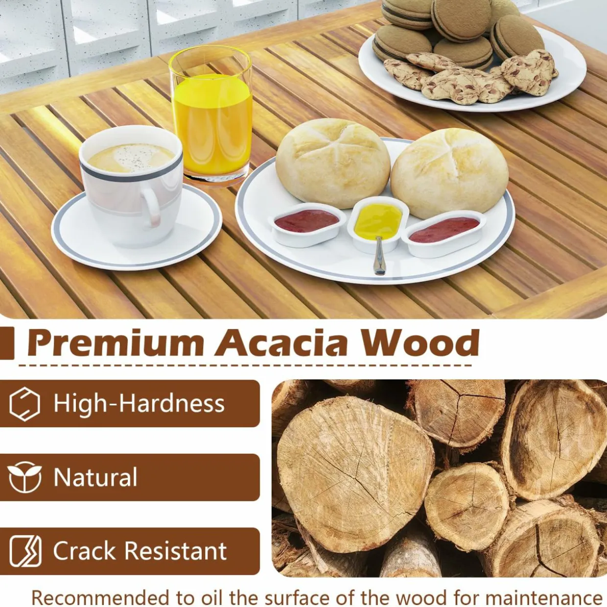 Tangkula 3 Piece Patio Bar Table & Chairs, Outdoor Acacia Wood Bar Set w/Slatted Seat & Tabletop