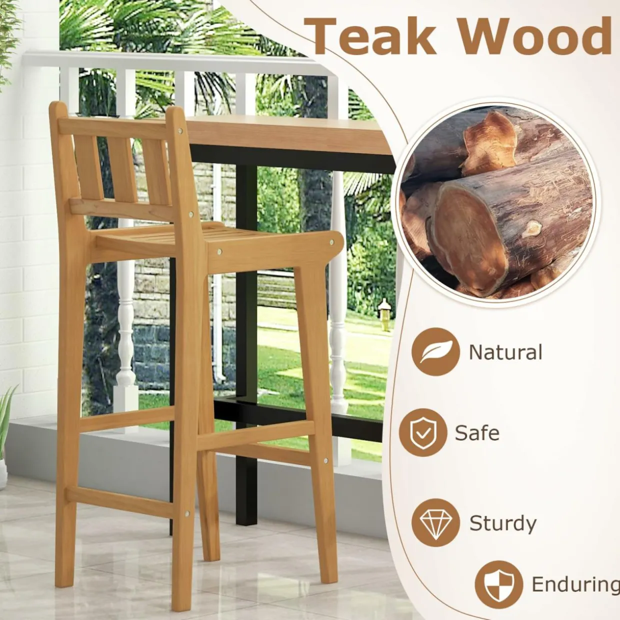 Tangkula 3 Piece Patio Bar Set, Teak Wood Bistro Furniture with Footrest