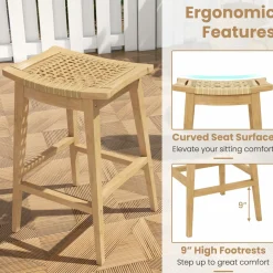 Tangkula 3 Piece Patio Bar Set, Teak Wood Bistro Furniture with Footrest, Round Cocktail Table with 2 Rattan Saddle Stools