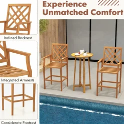 Tangkula 3 Piece Patio Bar Set, Teak Wood Bistro Furniture with Backrest, Armrests & Footrest