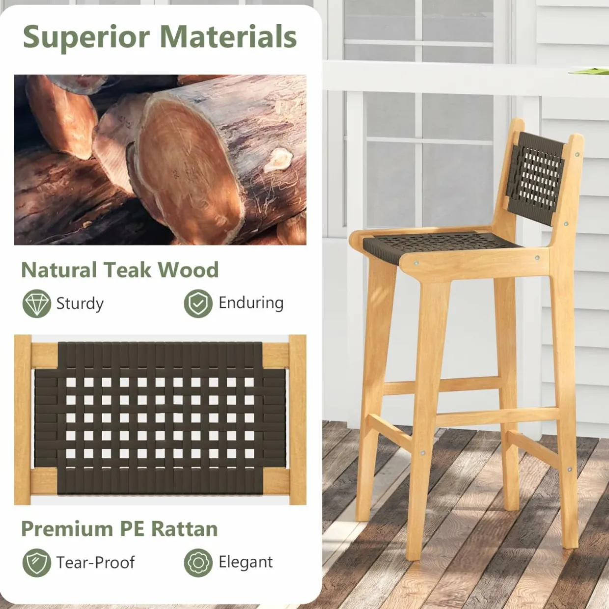 Tangkula 3 Piece Patio Bar Set, Teak Wood Bistro Furniture with Footrest, Round Cocktail Table with 2 Armless Rattan Bar Stools