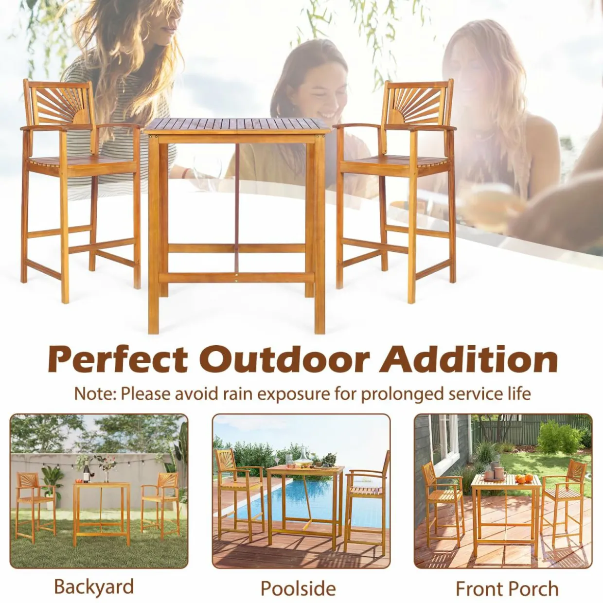 Tangkula 3 Piece Patio Bar Table & Chairs, Outdoor Acacia Wood Bar Set w/Slatted Seat & Tabletop