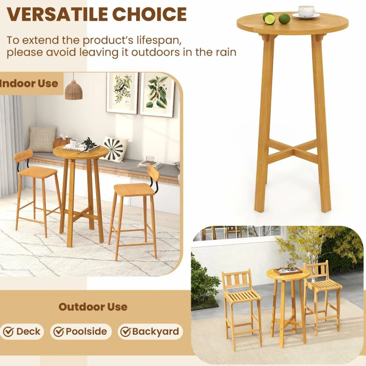 Tangkula 3 Piece Patio Bar Set, Teak Wood Bistro Furniture with Footrest