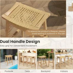Tangkula 3 Piece Patio Bar Set, Teak Wood Bistro Furniture with Footrest, Round Cocktail Table with 2 Rattan Saddle Stools
