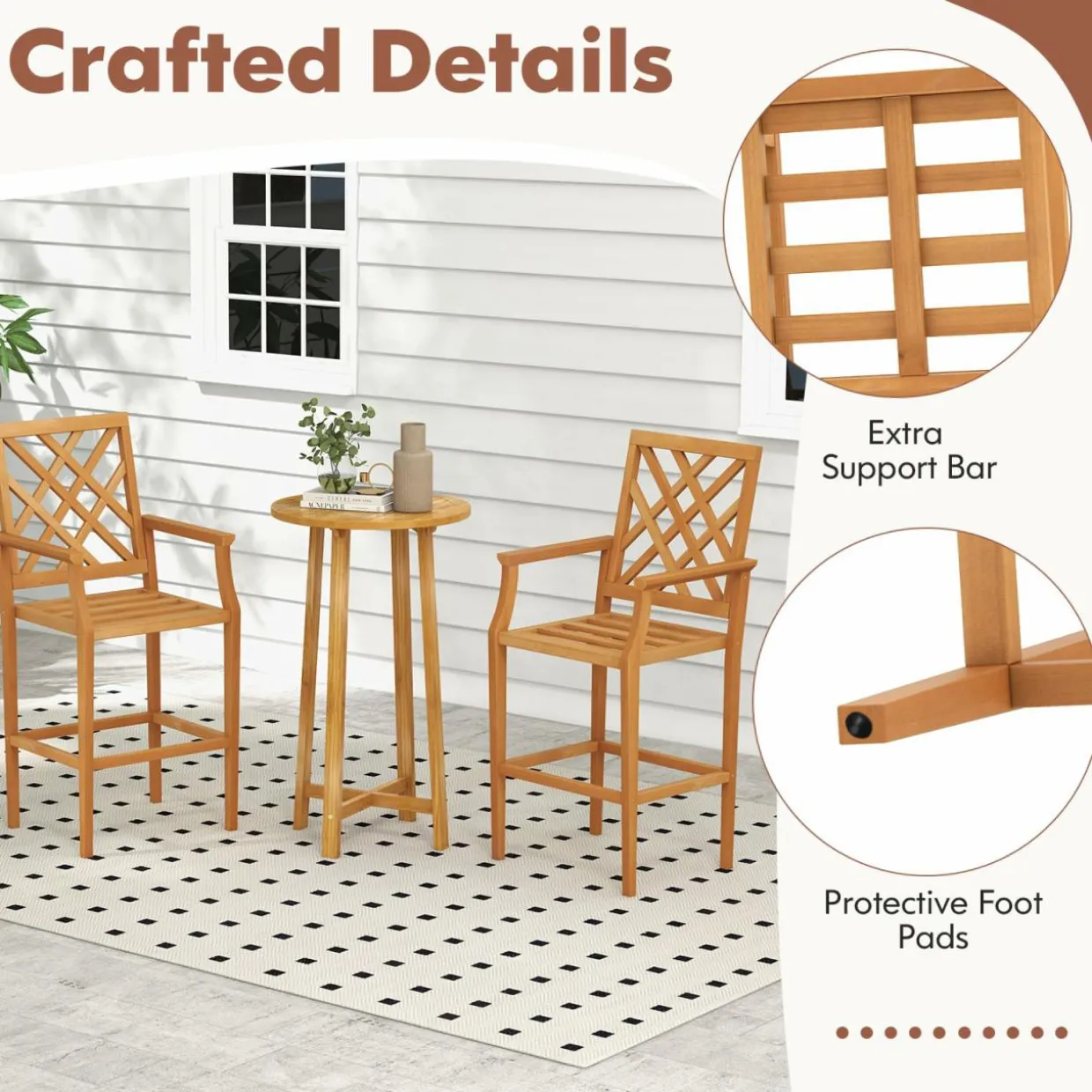 Tangkula 3 Piece Patio Bar Set, Teak Wood Bistro Furniture with Backrest, Armrests & Footrest