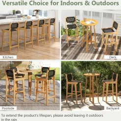 Tangkula 3 Piece Patio Bar Set, Teak Wood Bistro Furniture with Footrest, Round Cocktail Table with 2 Armless Rattan Bar Stools