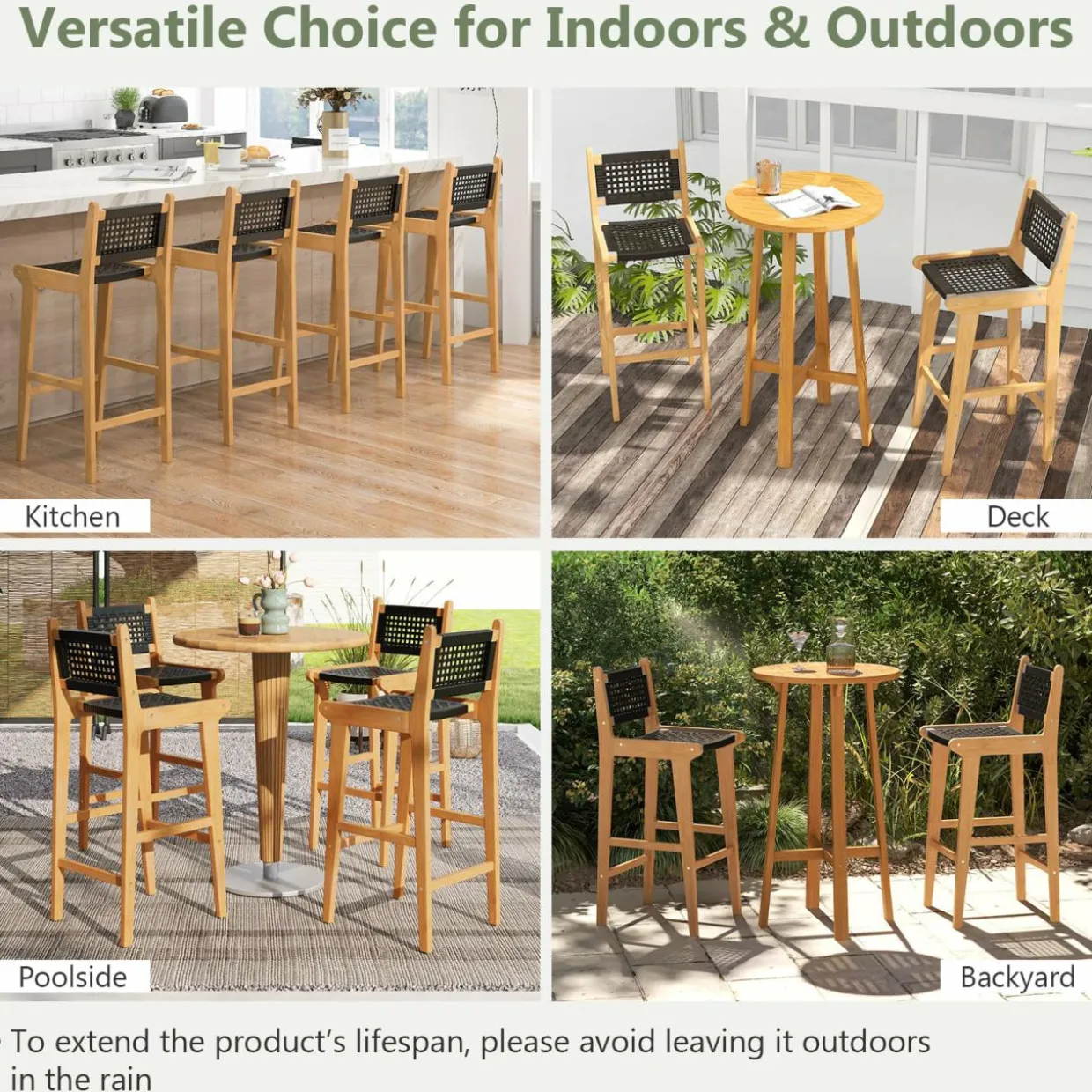 Tangkula 3 Piece Patio Bar Set, Teak Wood Bistro Furniture with Footrest, Round Cocktail Table with 2 Armless Rattan Bar Stools