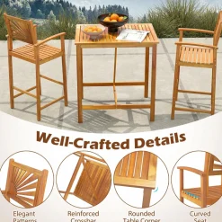Tangkula 3 Piece Patio Bar Table & Chairs, Outdoor Acacia Wood Bar Set w/Slatted Seat & Tabletop