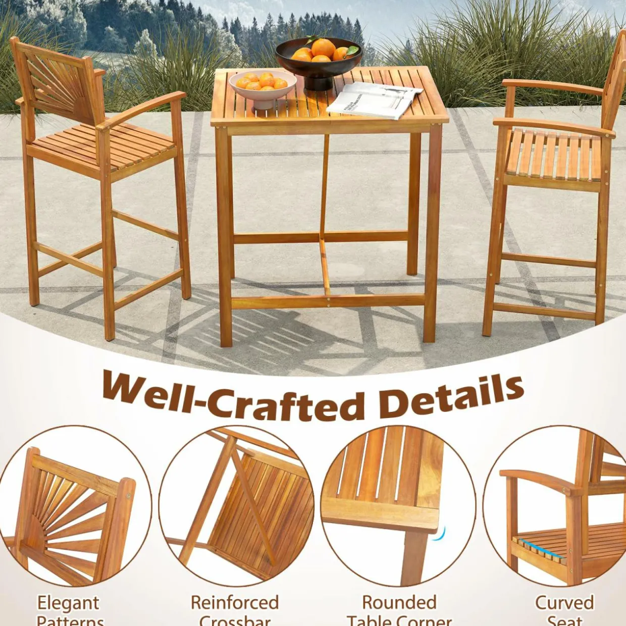 Tangkula 3 Piece Patio Bar Table & Chairs, Outdoor Acacia Wood Bar Set w/Slatted Seat & Tabletop